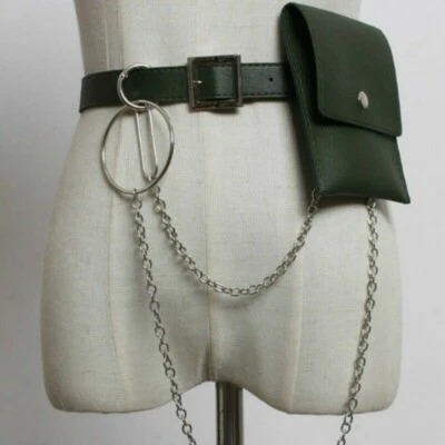 Damen PU Kunstleder Gürtel Taille Tasche Punk Gothic Rock Metallkette Hüftband - Bild 1 von 4
