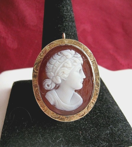 VINTAGE 10K ROSE GOLD HAND CARVED CARNELIAN CAMEO PIN BROOCH PENDANT