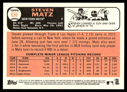 2015 Topps Heritage #630 Steven Matz RC New York Mets - Picture 2 of 2