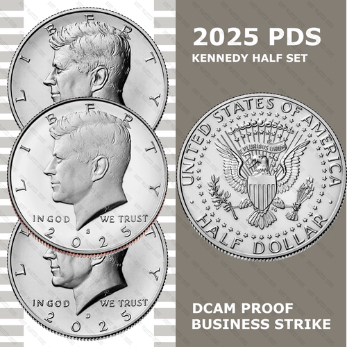 2025-PDS Kennedy Half Dollar Set - JFK - GEM BU (PD) - DCAM PROOF (S) - IN STOCK - Picture 1 of 7