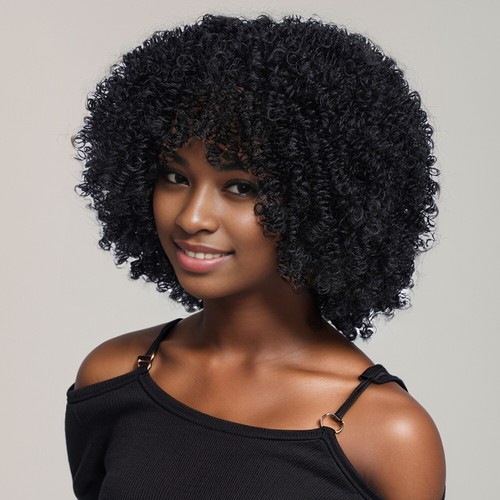 Women Short Synthetic African Curly Wig with Bangs Black Elastic Curls - Picture 2 of 16