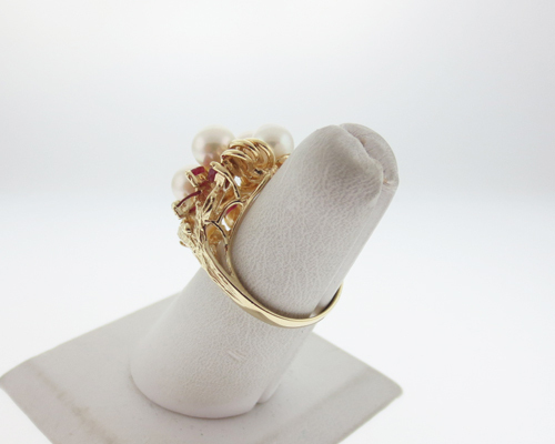 Cultured Pearls Diamonds Rubies Solid 14k Yellow Gold Cluster Cocktail Ring - Picture 7 of 7