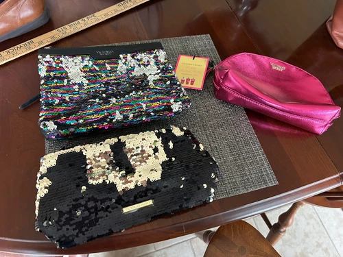 Victorias Secret Black Sequin Cosmetics Bags Zipper Closures Lot Of 3