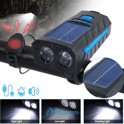 Solar LED Bicycle Bike Light Front Rear Rechargeable Headlight Tail Lamp w/ Horn - Picture 25 of 60
