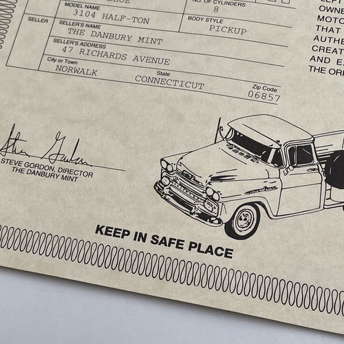 Danbury Mint 1958 Chevrolet Apache Stepside Pickup Title Paperwork Only Chevy - Picture 3 of 6