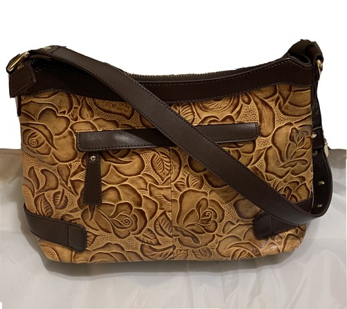 Sharif Embossed Floral/Croco Brown Leather Satchel Shoulder Handbag Bag Purse - Picture 3 of 8