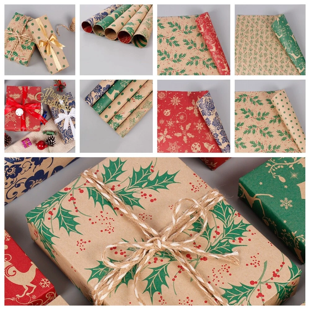 Christmas Gift Wrapping Paper Retro Kraft Box Double Sided Packaging DIY  Decor