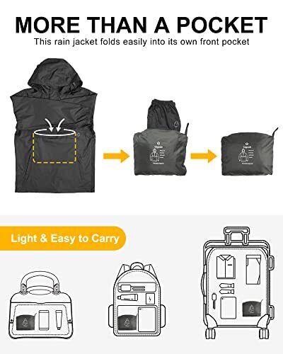 Chaqueta de lluvia para hombre impermeable ligera empaquetable pulóver de lluvia mediana negra - Imagen 4 de 7