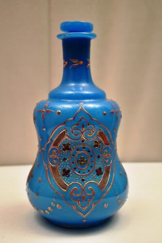 Antique Turquoise Opaque Glass Decanter Enamelled Glided Bottle Blue With Stoppe - Afbeelding 1 van 14