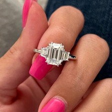 3.20Ct Emerald Cut Three Stone Engagement Ring 14k White Gold Finish Lab Created