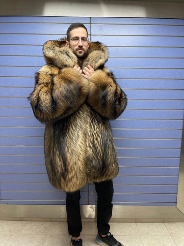 Luxury Full Skin Finn Raccoon Fur Men Coat Real Raccoon Fur Skin To Skin Hood - Picture 7 of 12