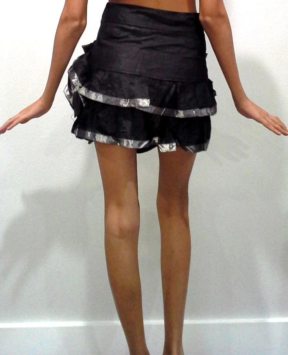 Black Ruffle Full Lined Skirt w Pewter Trim Side Zipper. Size