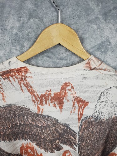 Vintage Eagle Sweatshirt Mens L All Over Print Outdoor Retro 90's Bird Mountain - Picture 11 of 12