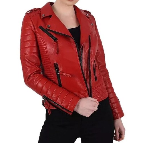 HOT! New Women's Red Leather Jacket 100% Soft Lambskin Bomber Biker Coat jacket - Picture 2 of 4
