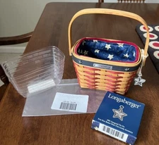 VTG Longaberger 2001 INAUGURAL Basket w/ Liner, Protector, & Tie On. 6”x 4”. EC