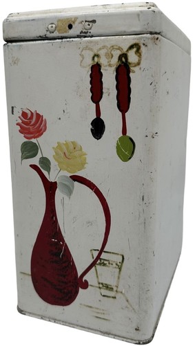 Vintage Ransburg Hand Painted Kitchen Tin Canister~MCM Flower Vase~9”~Hinged Lid - Picture 2 of 15