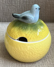 Anthropologie Lemon Blue Bird Sugar Bowl Trinket Dish Ceramic Jam Jar NO spoon