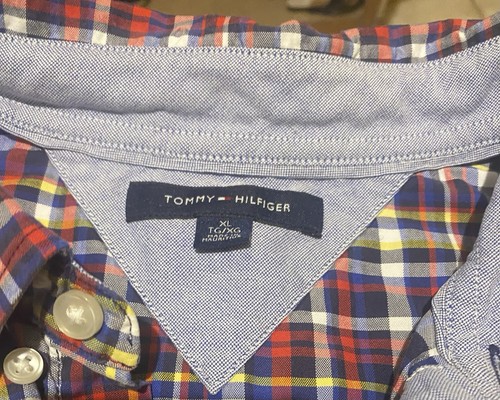 Tommy Hilfiger Men's Red/Navy/Yellow Plaid Long Sleeve Shirt - Size XL - VGC - Picture 3 of 13