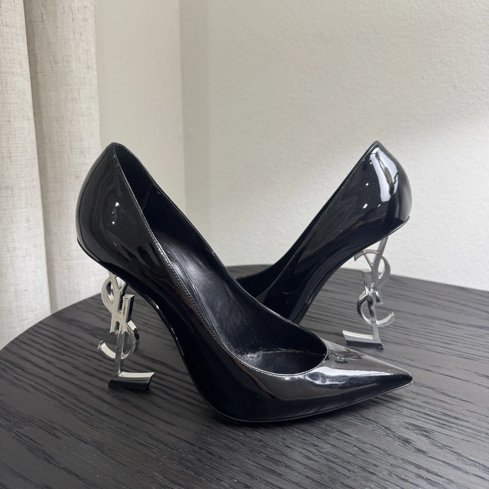Saint Laurent — Saint Laurent YSL Opyum 110 Logo Heel Pump Patent Black/Silver 39