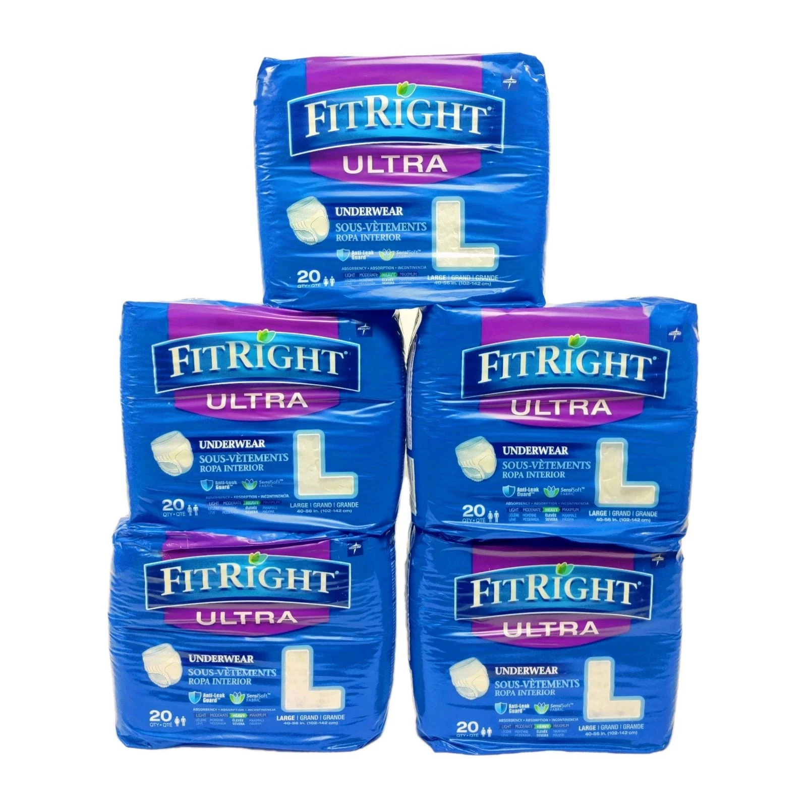 FitRight Ultra Protective Unisex Adult Underwear Diaper Large 100 Count 5 Packs