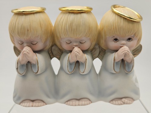 Vintage Porcelain 3 Praying Angel Children Figurine Hand Painted Blue Dresses - Picture 1 of 10
