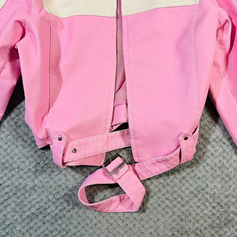 Jaqueta de motociclista URBAN OUTFITTERS NOVA COM ETIQUETAS listra rosa/branca couro sintético G - Imagem 3 de 4