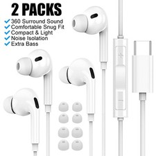2 Packs USB C Earphones Wired for Samsung iPhone HiFi Stereo Noise Isolate
