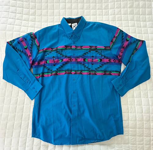 Vintage ROPER Mens Shirt XL Blue Aztec Print Southwest Western Cowboy Rodeo