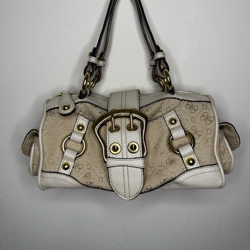 Vintage Y2K Guess Schultertasche Leder Monogramm Gold Schnalle Glam Baguette