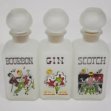 Vintage Gay Fad Frosted Glass Liquor Decanters Set of 3 Bourbon Gin Scotch