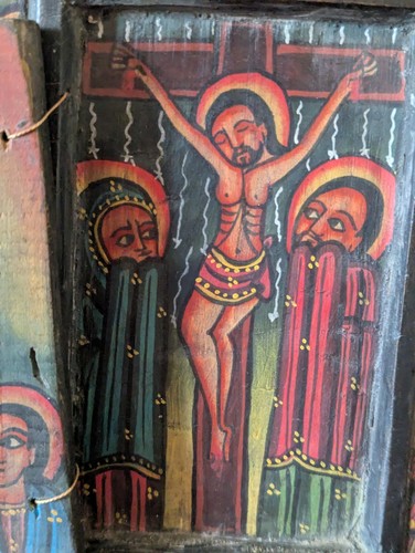 Antique ETHIOPIAN Orthodox Coptic Hand Carved Wood Icon Jesus Crucifixion Angel - Picture 4 of 7