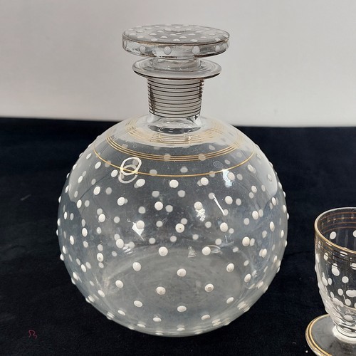 Clear Orb Liqueur Decanter & Glass White Enamel Spots & Gold Stripes Vtg 1950 - Picture 4 of 10