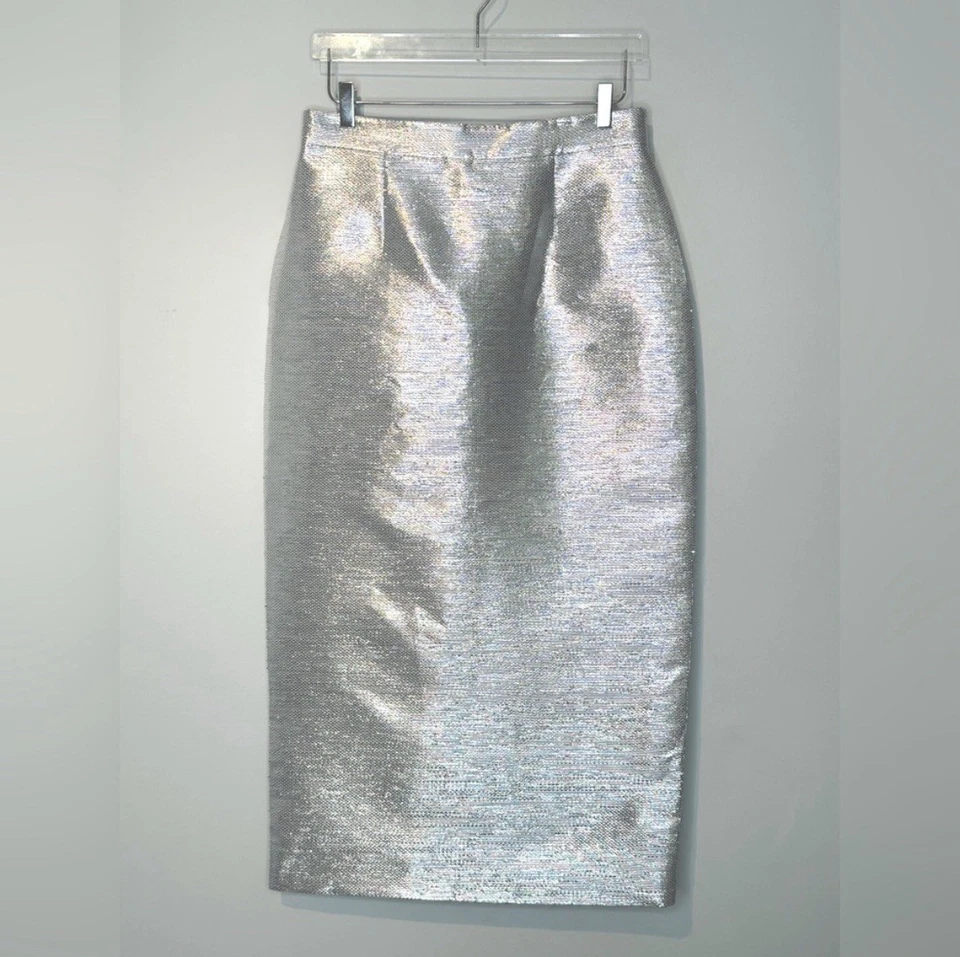 Brandon Maxwell Metallic Silver Foil Maxi Formal Pencil Skirt Size 10 NWT - Image 2 of 4