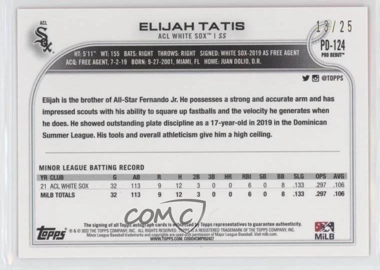 2022 Topps Pro Debut Orange Auto /25 Elijah Tatis #PD-124 Auto - Image 2 of 2