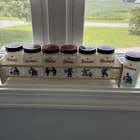 Vintage Hazel Atlas White Milk Glass  8 Piece Dutch Spice Set with Rack Red Lids