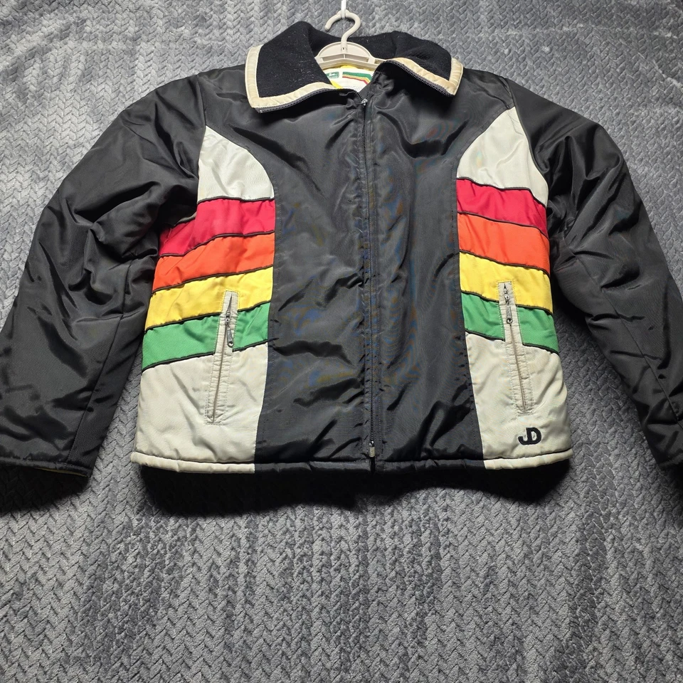 VTG John Deere Rainbow Stripe Snowmobile Jacket Ladies L (Fits M) Black 1970's - Image 2 of 4