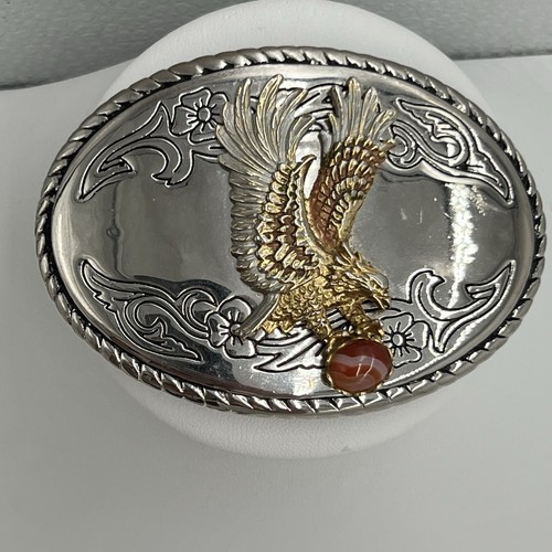 Vintage USA Eagle Scroll Gürtelschnalle Silber Gold mit Achat Stein Western Cowboy - Bild 1 von 9