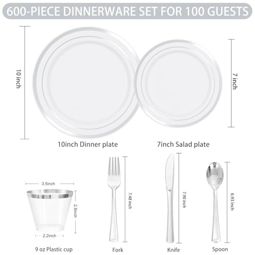 WELLIFE Juego de vajilla desechable plateada de 600 piezas 100 Gäste Plateado - Bild 7 von 7