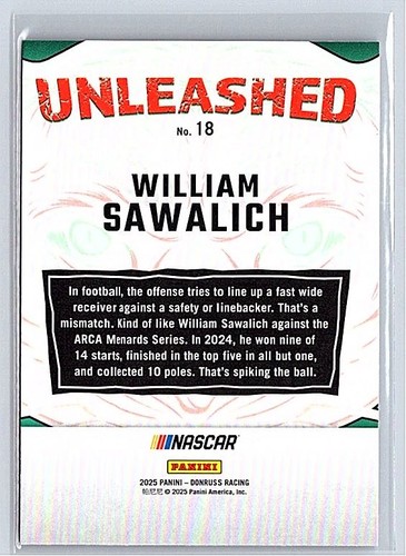 William Sawalich 2025 Donruss Unleashed Insert #18 Racing (1) - Picture 2 of 2