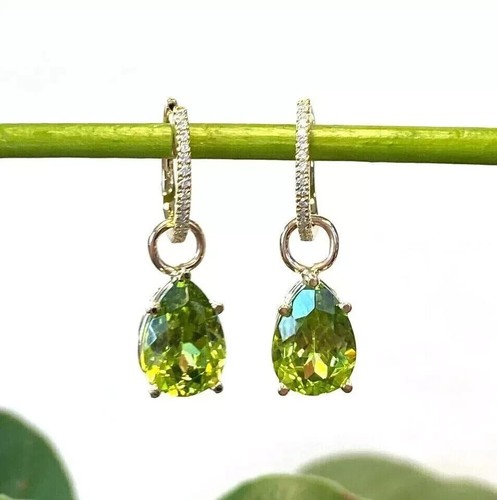 3.50Ct Pear Cut Created Green Peridot Drop Dangle Earring 14k Yellow Gold Plated - Picture 3 of 5