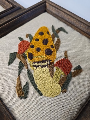 Set Of 2 Crewel Hand Stitched 1970S Frog Mushroom Psychedelic Framed Artwork VTG - Picture 3 of 10