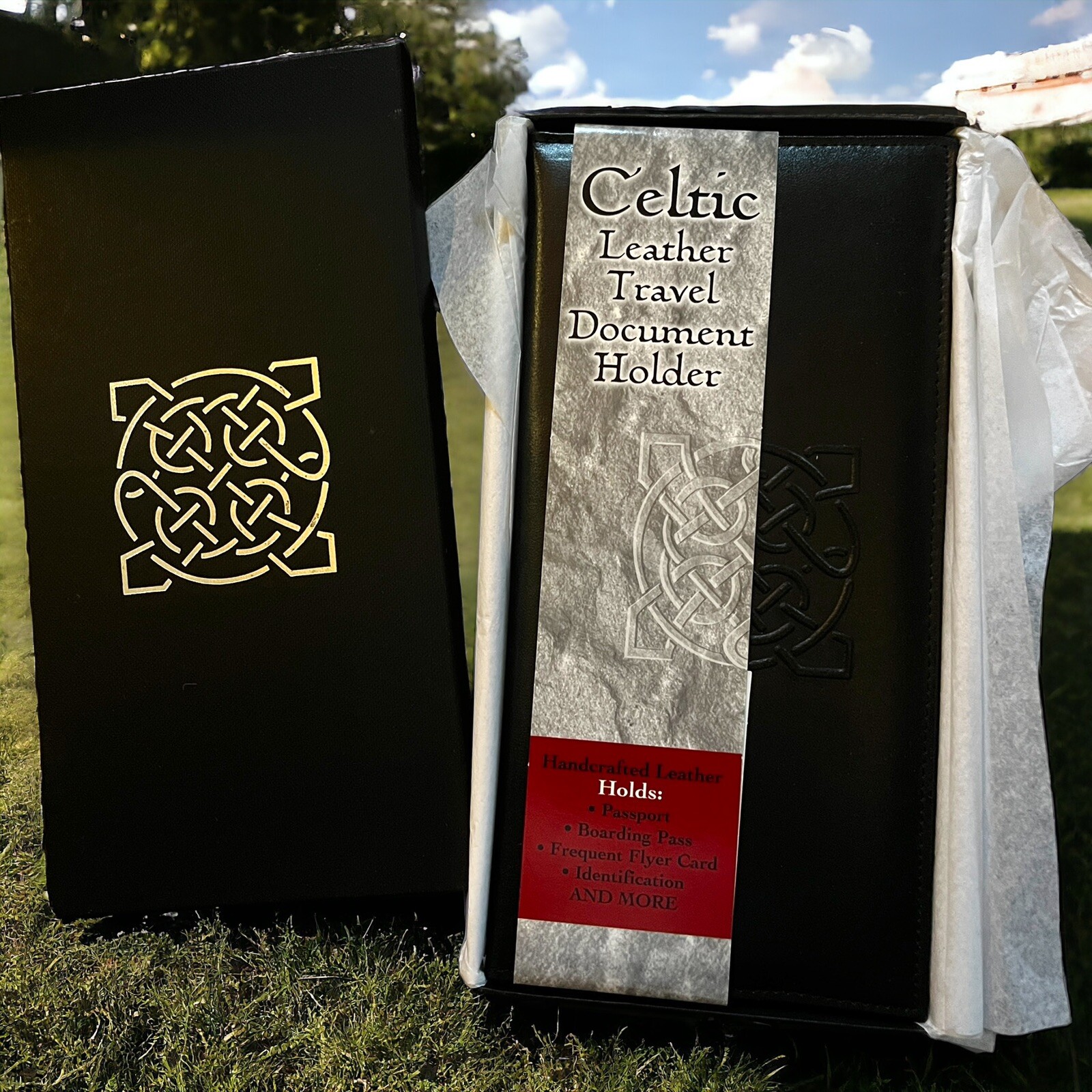 S L1600 Celtic knot embossed leather travel/passport /visa document holder & gift box