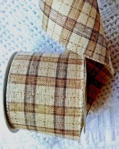 Tan Beige Brown Plaid 2.5" by 5 yds Wired Ribbon Fall Neutral Subtle Tones - Picture 4 of 5