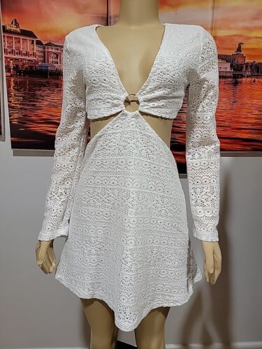 H&M Cutout Lace Size M Mini Dress Open-Back White Long-Sleeve Cutouts Crochet #A - Picture 2 of 12