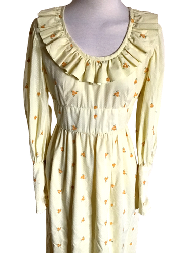 70s Prairie Maxi Dress Bonnet Butter Yellow Cottage Core Bubble Sleeve Ruffles - Picture 4 of 10
