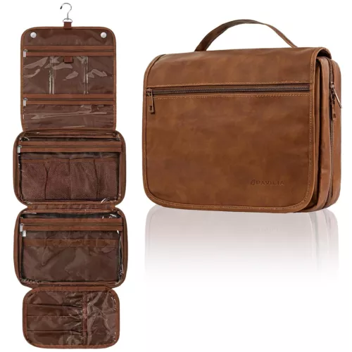 Hanging Leather Toiletry Bag Men's Shaving Dopp Kit for Travel Bathroom Shower