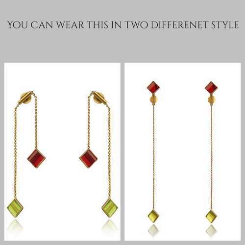 Red Garnet & Green Peridot Gemstone Long Chain Dangle Drop Engagement Earring - Picture 3 of 16
