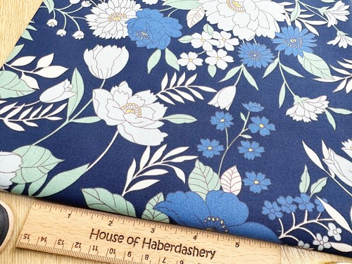 Cotton Fabric - Pretty Blue Floral Print on Navy - Craft Dress Fabric Material - Picture 4 of 7