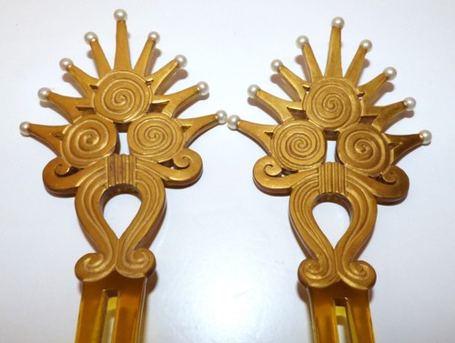PEINES DE PELO AUGUSTE BONAZ AÑOS 20 RARO PAR DE TIARA CORONA DORADA SUNBURST FIRMADA - Imagen 5 de 13