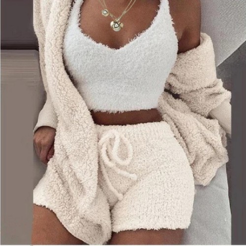 Women Sexy Fuzzy 3 Piece Outfits Soft Fuzzy Pajama Set Warm Tank Top and Short - Picture 6 of 14